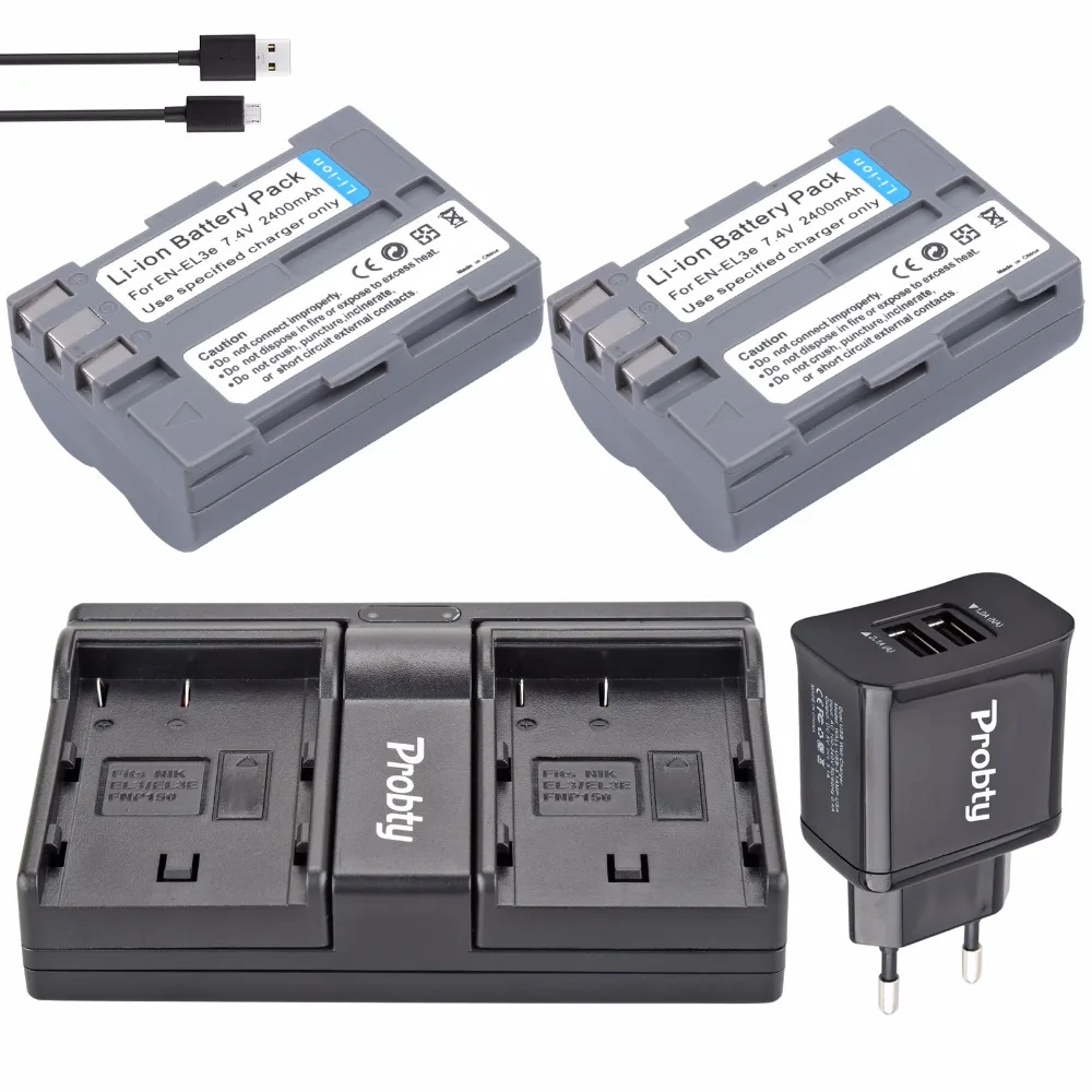 2Pcs PROBTY EN-EL3e EN EL3e Battery + USB Dual Charger 2-Port Plug For Nikon D70 D70S D80 D90 D100 D200 D300 D300S D700 Camera |