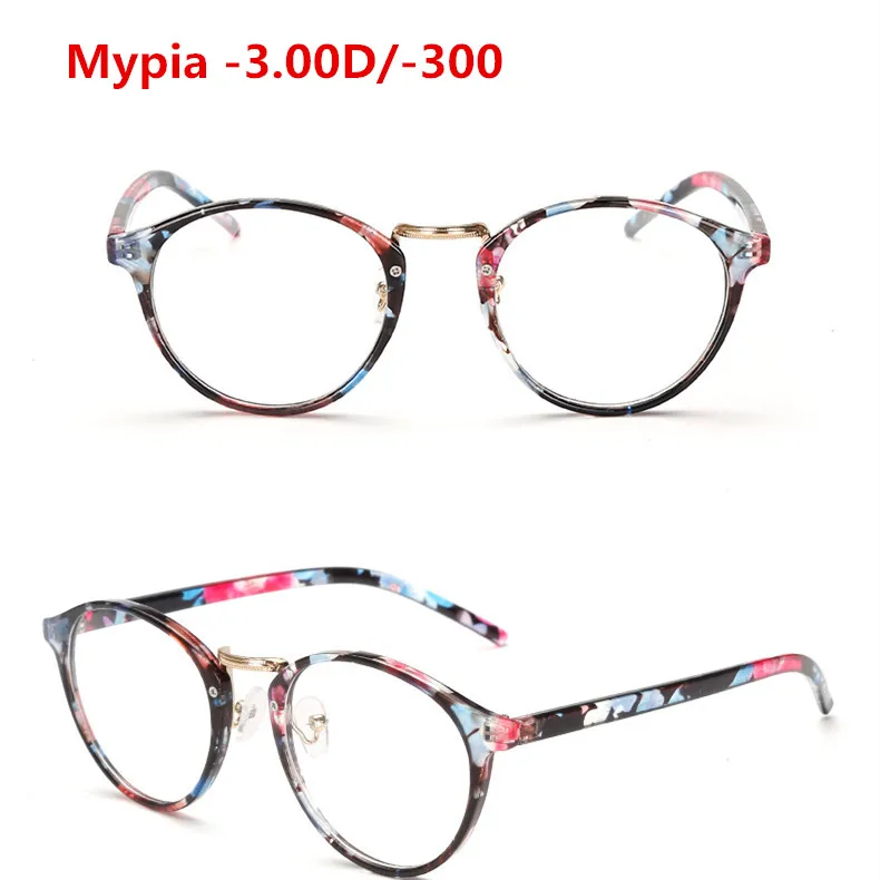 BlueFloral Myopia300 1,0,-1,5~-4,0 круглые готовые очки для близорукости, оптические очки для мужчин и женщин, студенческие очки по рецепту, линзы переменного тока, оправа для очков - Цвет оправы: BlueFloral Myopia300