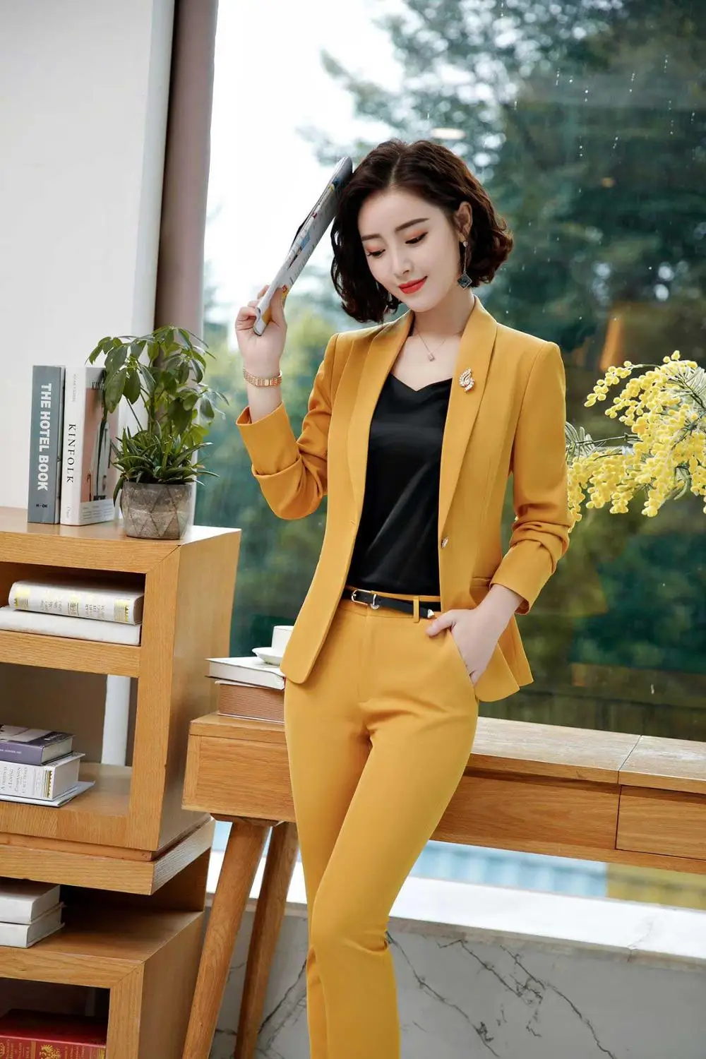 yellow coat and pant IZICFLY, Весенний Деловой брючный костюм, Офисная Леди, Униформа, дизайн для белого блейзера, женские костюмы, бизнес длинные, Femme, рабочая одежда размера плюс - Цвет: yellow coat and pant