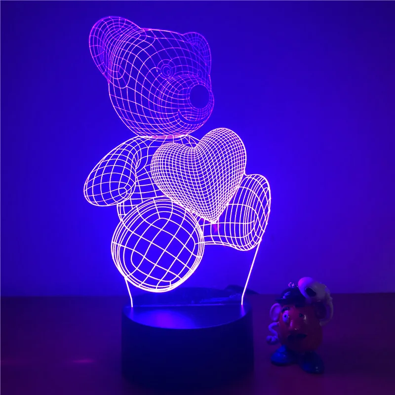 3D LED Night Light Cute Teddy Bear Love Heart Action Figure 7 Colors Touch Optical Illusion Table Lamp Home Decoration Model | Лампы и