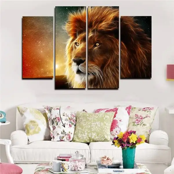 Картина маслом на стену Hd 4 панели изображение короля Лев Современное украшение