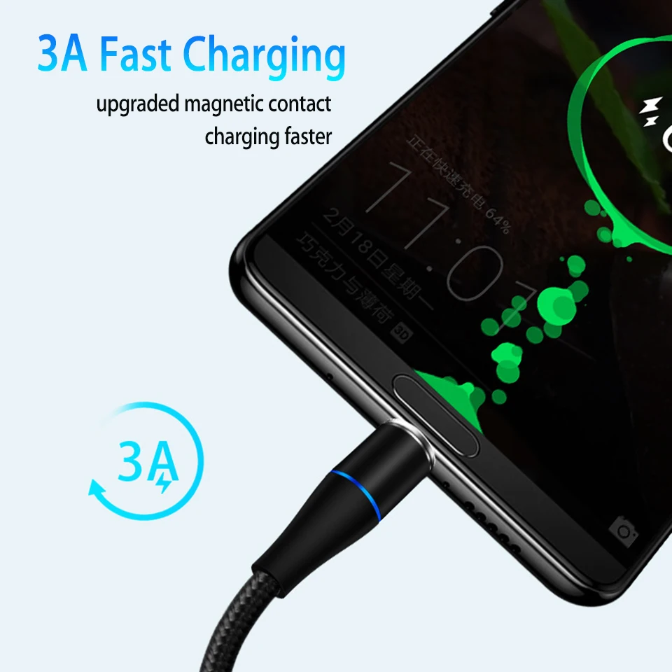 Магнитный зарядный кабель 3A Micro Usb Type-c для Samsung Galaxy S9 8 A9 A50 A70 Xiaomi mi a2 | Мобильные