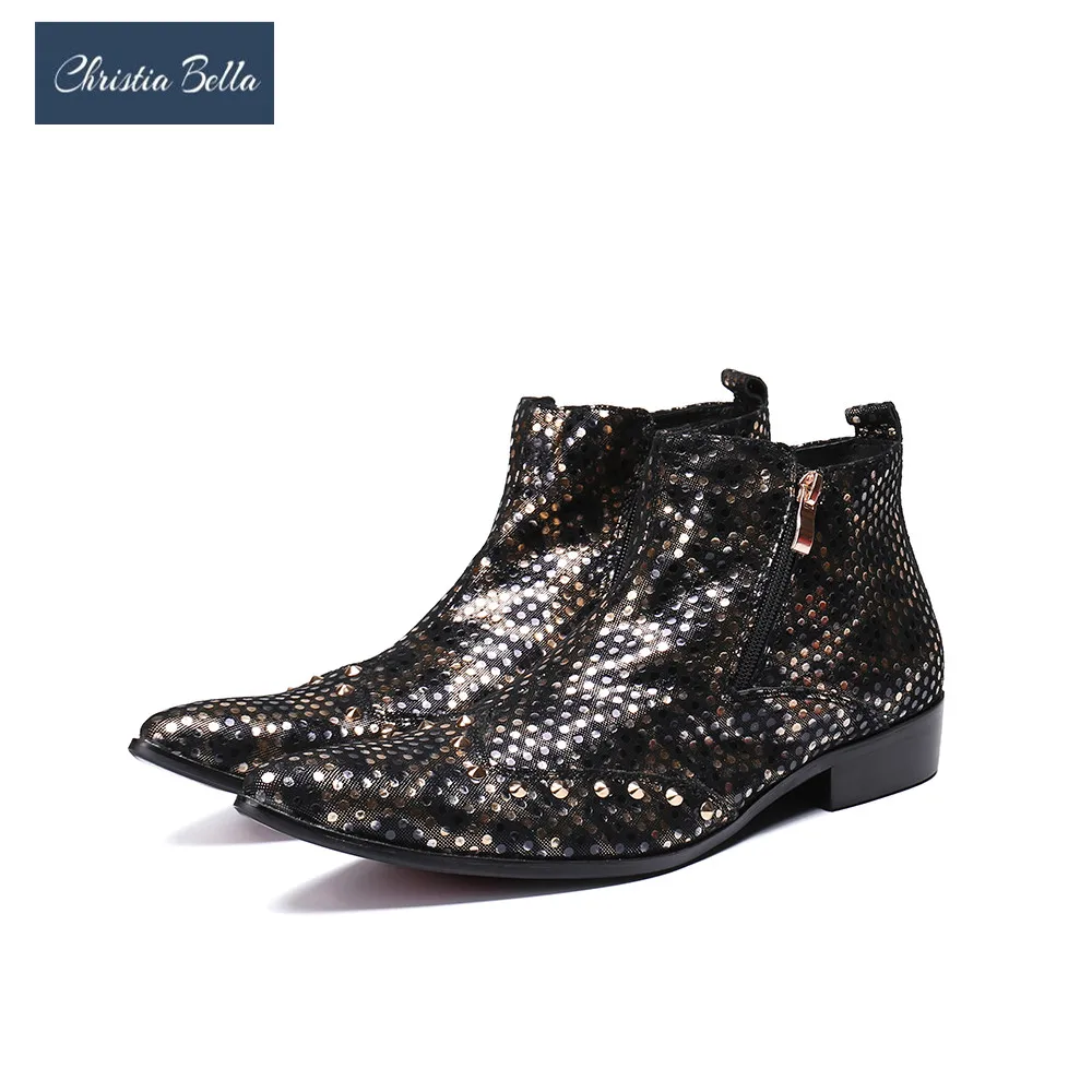

Christia Bella Pointed Toe Ankle Boots Men Fashion Print Men Rock Boots Side Zip Black Gold Polka Dot Mens Leather Ankle Boots