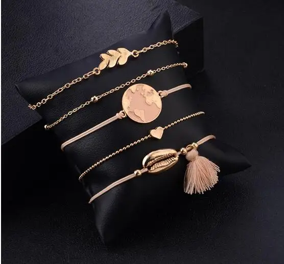 5 шт./компл. кожаный браслет с подвеской в виде листков сердца и кисточкой