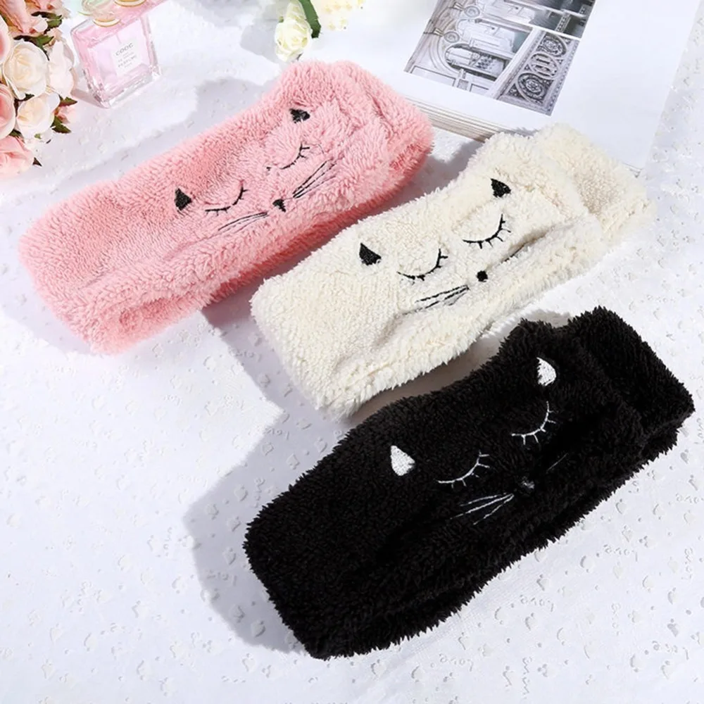 

Women's Spa Bath Shower Elastic Wide Headband Makeup Wash Face Cosmetic Sticky Plush Hair Band Cute Cat Warm Headwear 4 Colors