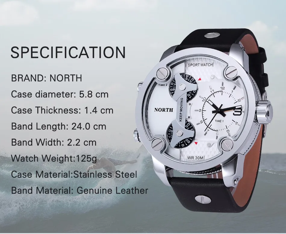 Мужские спортивные часы NORTH, брендовые Модные мужские кварцевые часы, мужские кожаные военные армейские водонепроницаемые наручные часы, спортивные мужские часы