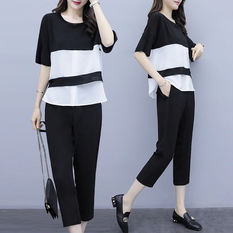 

summer outfit new Korean fashion big yards chiffon blouse & black pants suit chiffon top trousers leisure clothes 2 pcs XL-5XL