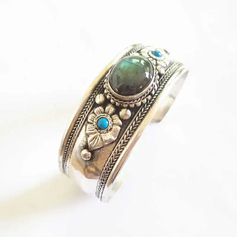 inlay Labradorite BB-443, тибетские модные браслеты, Медная Инкрустация, натуральный камень, открытые манжеты, лунный камень, лабрадорит, Агаты, тигровый глаз, разные цвета - Окраска металла: inlay Labradorite