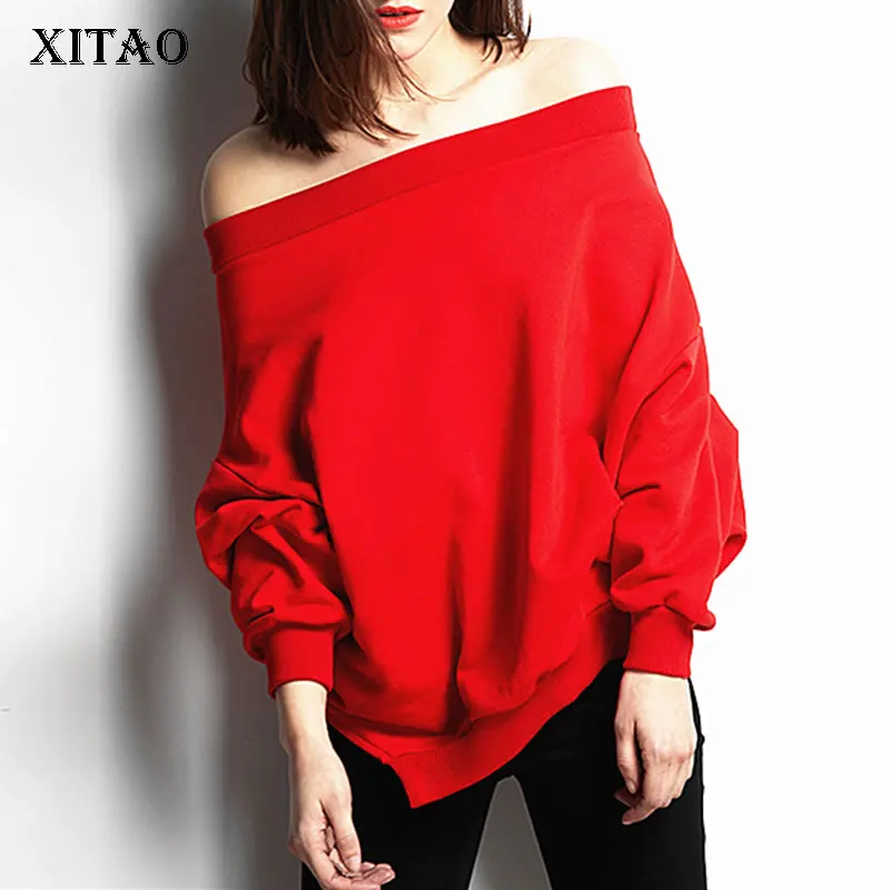 XITAO, с открытыми плечами, топ размера плюс, толстовка, женская одежда, с вырезом лодочкой,, неровная, с капюшоном, осенняя мода, WLD2345
