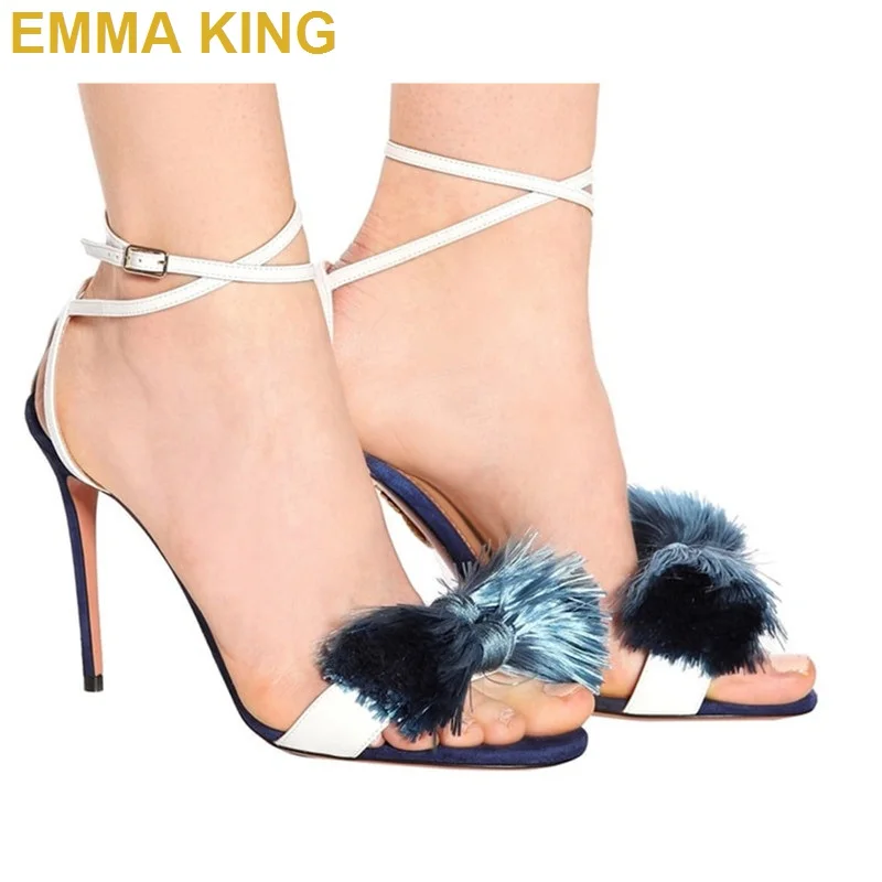

EMMA KING Ankle Strap Summer Sandals Tassel Open Toe High Heel Sandals Ladies Shoes Summer Party Stiletto Heels Plus Size 35-43