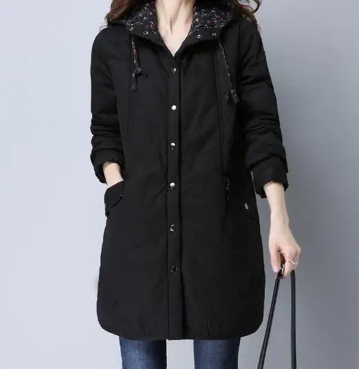 

Женская длинная куртка с капюшоном, Повседневная Свободная теплая куртка с хлопковой подкладкой, большие размеры, весна 2019