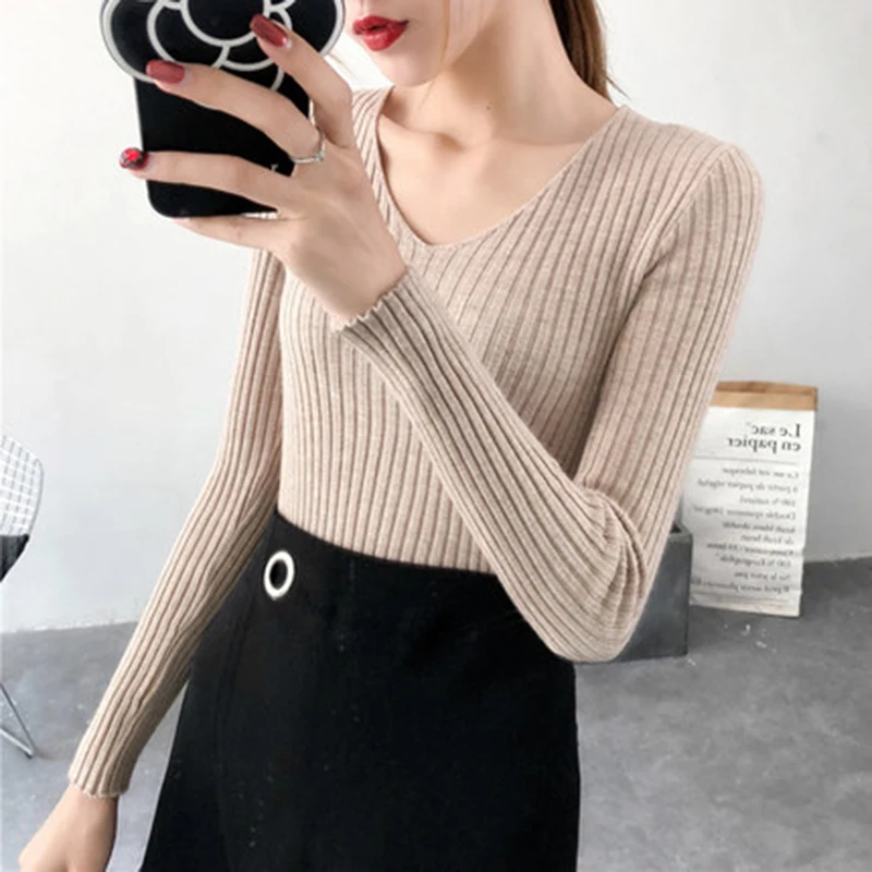 

Autumn V Neck Long sleeve Sweater Knitted Fashion Womens Sweaters 2019 Winter Tops For Women Pullover sweater ZX200