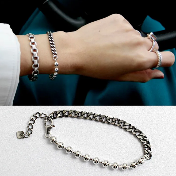 

Real 925 sterling silver beads asymmetric chain female wrist bracelet for women, vintage bracelets bangles present jewelry