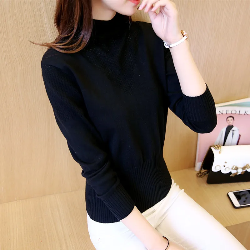 

Winter 2017 new slim dress V hollow semi turtleneck female sleeve shirt sweater