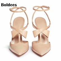 ladies nude shoes 2018 summer patent bowtie gladiator pointed toe sandals women high heels party wedding shoes ladies sandals 43
