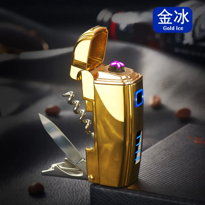 Креативная многофункциональная usb зарядка зажигалка с открывалкой для бутылок нож двойная дуга плазменная Зажигалка металлические электрические зажигалки для сигарет - Цвет: Gold