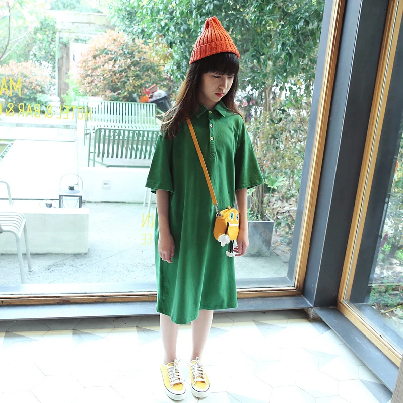 Green T-shirt Dress Girls NNGZ Summer Korean Casual Solid Short Sleeve Midcalf Turndown Collar Girl T-Shirt | Детская одежда и