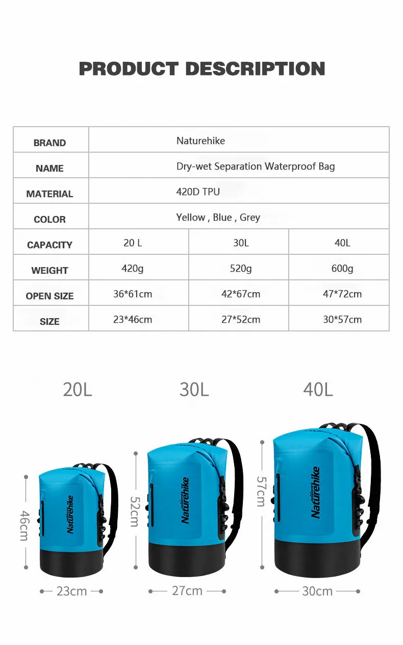Naturehike 20L/30L/40L сухой мешок водонепроницаемый мешок сухой влажный разделение держать шестерни сухой для наружного кемпинга Спелеология треккинга рафтинг