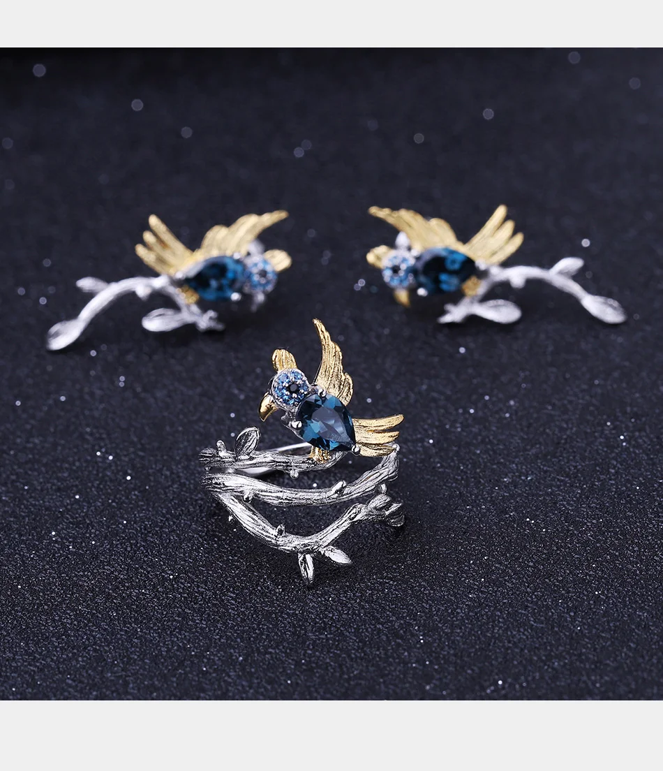 GEM'S BALLET 0.84Ct натуральный Лондон Голубой топаз драгоценный камень кольца 925 пробы серебро ручной работы птица на кольцо «ветка» для женщин Bijoux