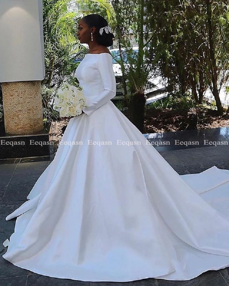 

Robe de soiree Custom Long Sleeves Vintage Wedding Dress 2020 African Court Train Satin Ball Gown Wedding Bridal Gowns