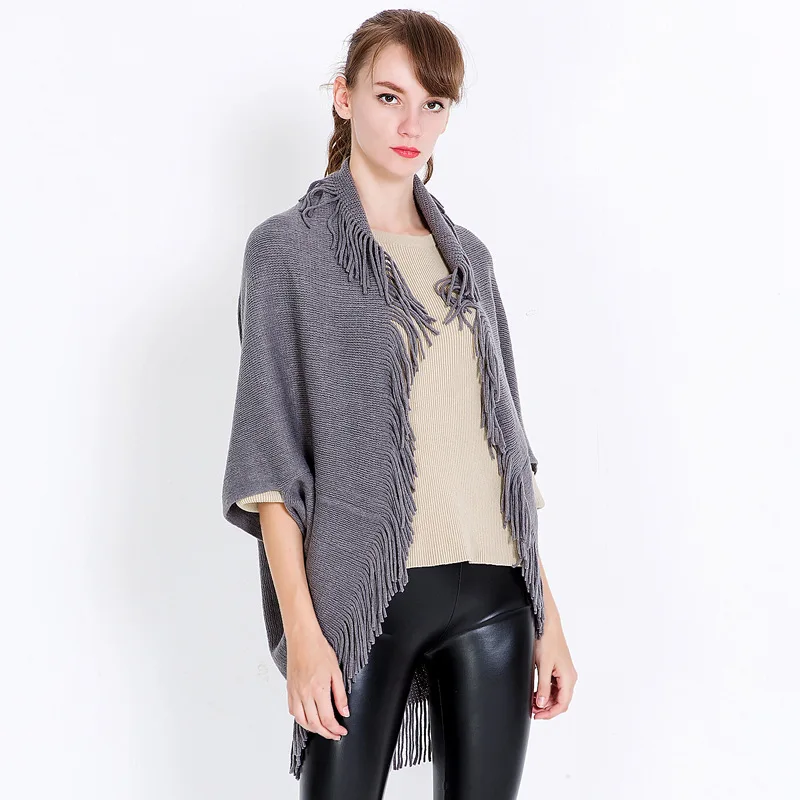Autumn Women Poncho And Capes Femme Hiver Cardigan Shawl High Elastic Khaki Tassel Knitted Ladies Sweaters Long Coat |
