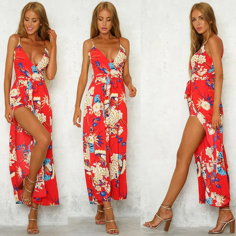 Лето 2019 Новый Boho Сексуальный женский комбинезон с v-образным вырезом без рукавов