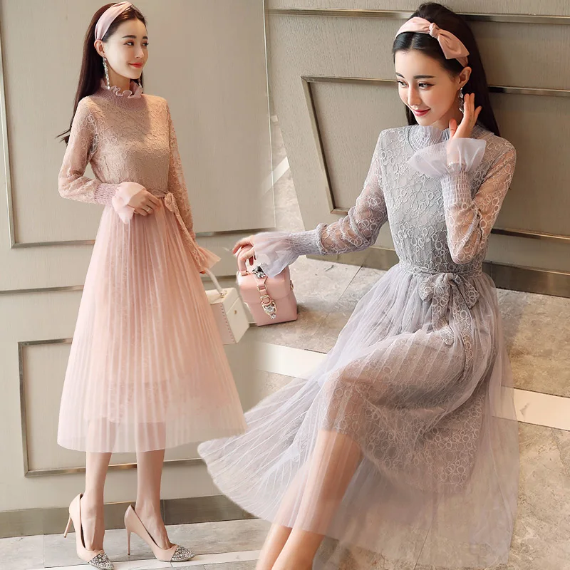 Женское кружевное платье с длинным рукавом весеннее модное длинное вечернее для