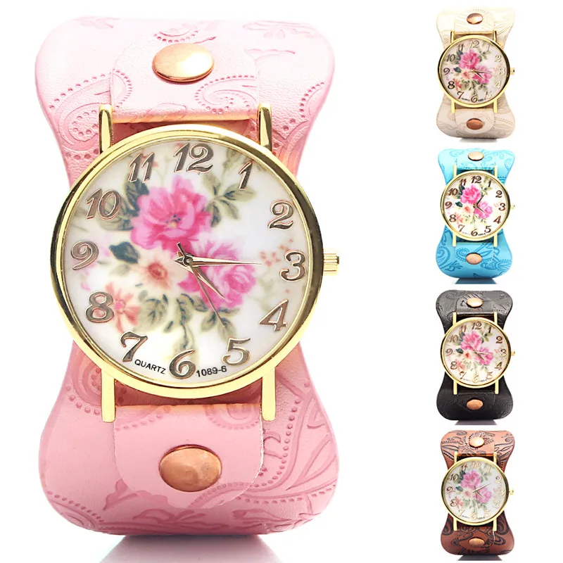 Новый 2015 Мода ЖЕНЕВА Старинные Пион Цветок Часы Женщины Кожа Кварцевые Платье