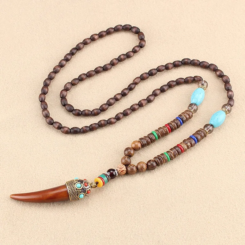 2 Tibetan Buddhist Mala Wood Beads Necklace Vintage Nepal Charm Ox Horn Pendant Necklace Women Meditation Rosary Necklace Dropship - Metal Color: 2