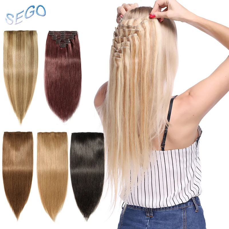SEGO 1"-24" 110 г-170 г Прямой зажим синтетических Пряди человеческих волос для наращивания 8 шт./компл. волосы на клипсах с двойной прядкой из Non-Remy человеческих волос на зажимах