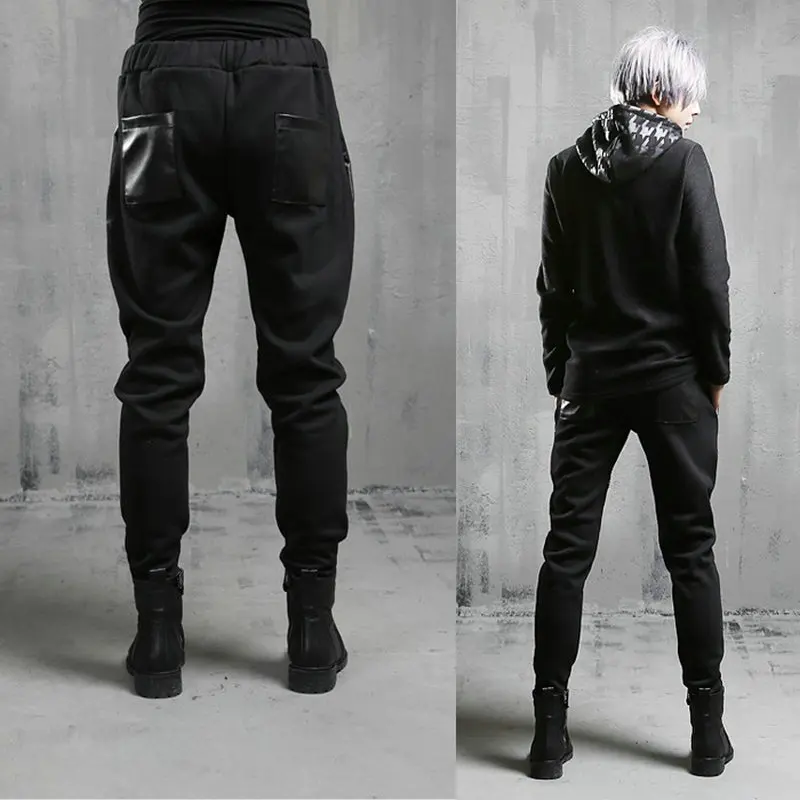 

Summer Men Black Hip Hop Harem Pants Joggers Streetwear Skinny Zippers Pockets Leather Patchwork Camo Cargo Pants Men Sweatpants