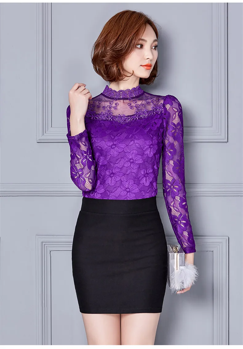 Femininas Blusas, женские блузки, весна-осень, модные сексуальные облегающие Рубашки, Топы, кружевные, с длинным рукавом, с круглым вырезом, для отдыха, черные/белые S-5XL