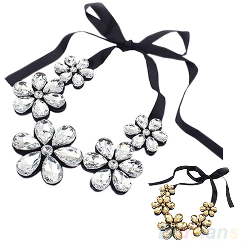 New New Fashion exquisite Flower Ribbon Gem Petals charming Bib collar Necklace jewelry items 1NOZ
