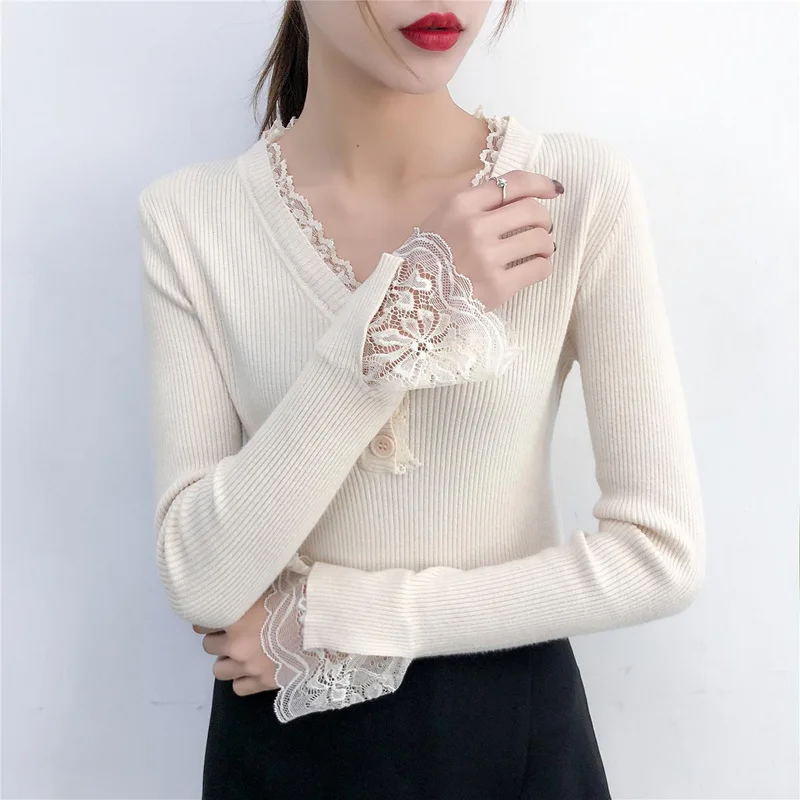 Winter V-neck Knitted Sweater Women 2019 Basic And Pullovers Jumper Lace Long Sleeve Button Decoration | Женская одежда