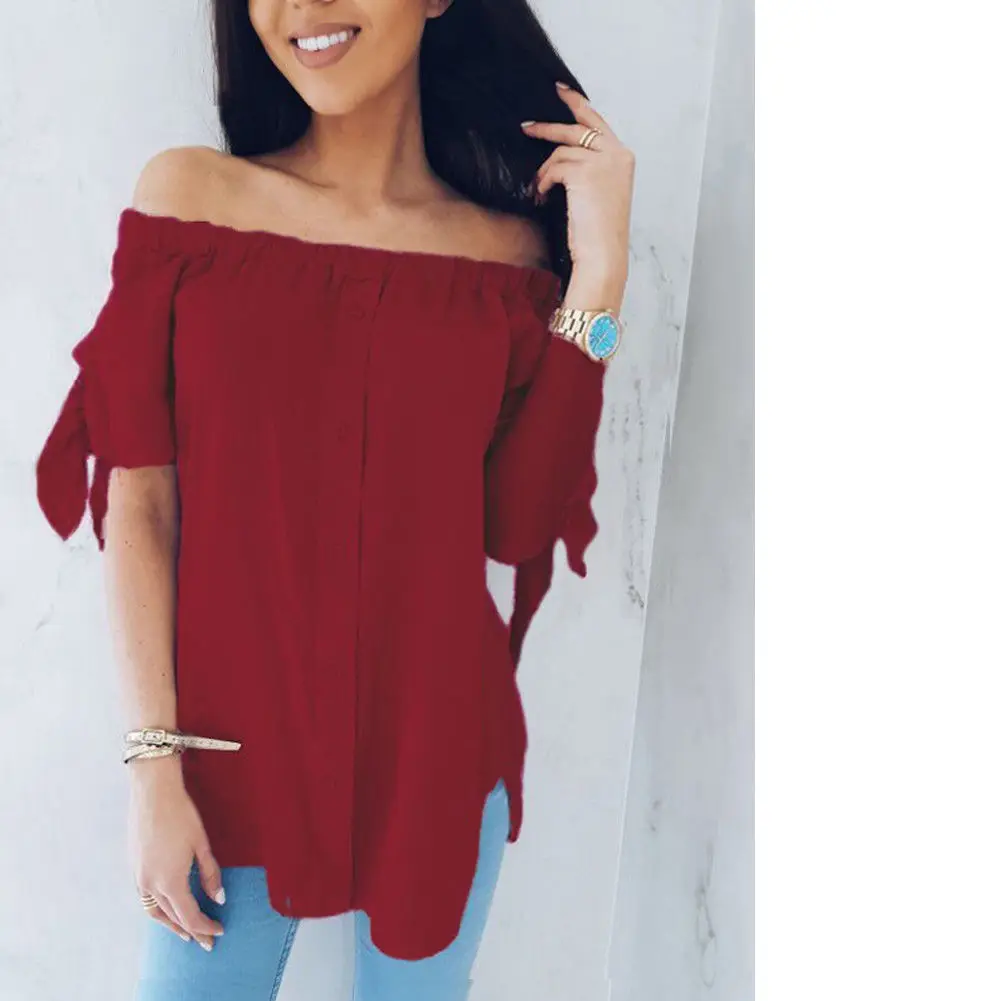 Women Fashion Summer Off Shoulder Short Sleeve Beach Casual Slash Neck Blouse |