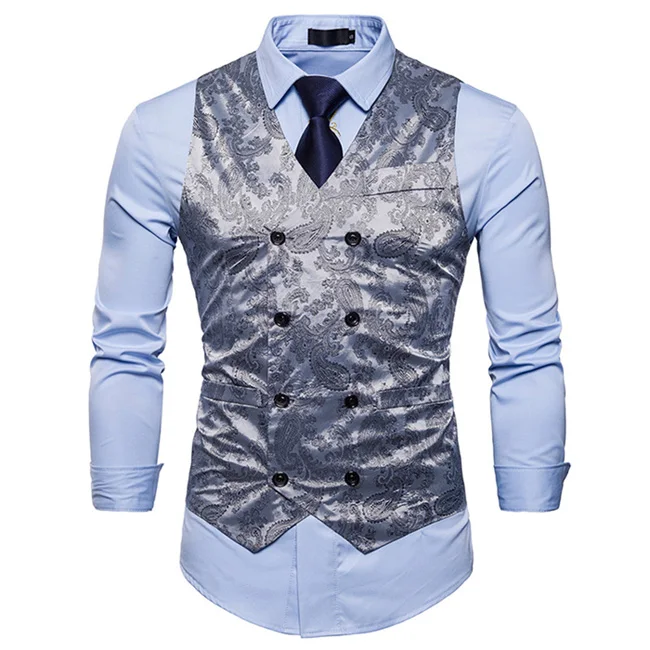 Light Gray Мужской деловой приталенный двубортный костюм, жилеты, модный мужской жилет с принтом пейсли, Colete Masculino - Цвет: Light Gray