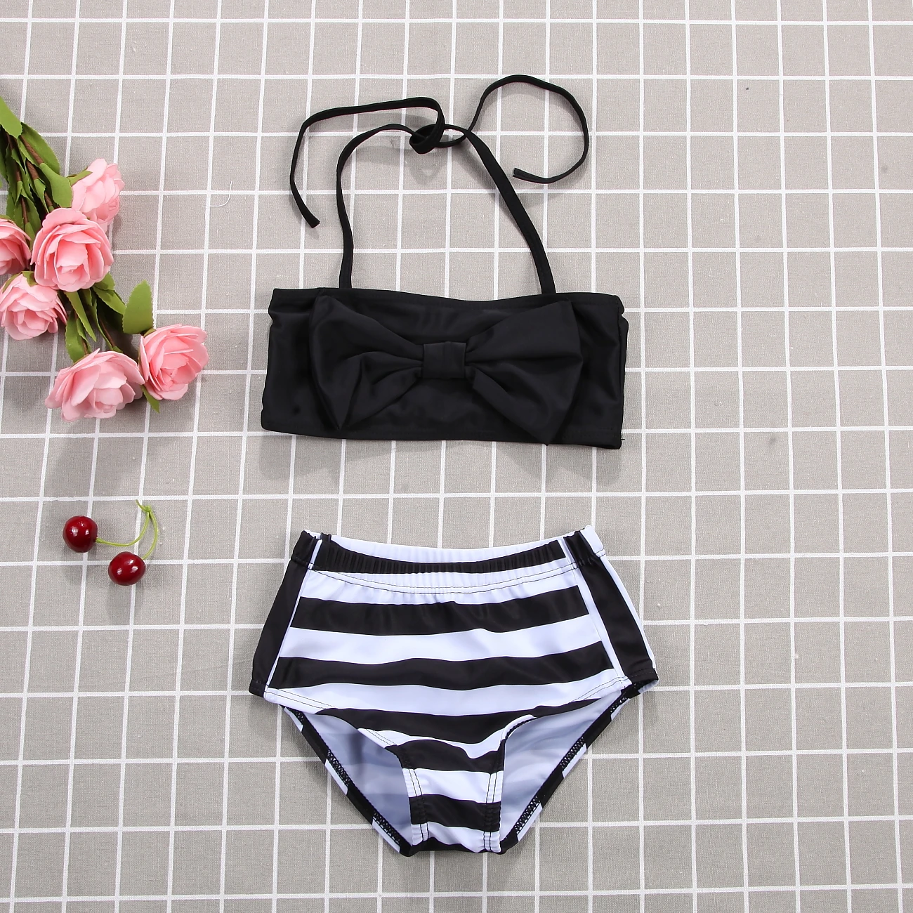 Mother Girls Matching 2Pcs Halter Swimsuit Little Kids Girl Women Palm Leaves Stripes Swimwear Bandeaukini Bikini Set | Мать и ребенок