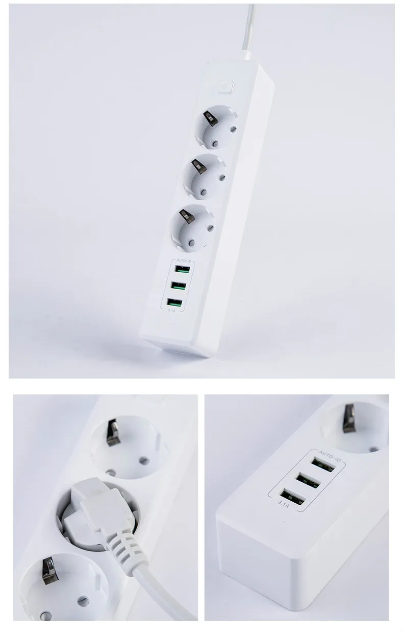 Блок питания 10 А, 3 порта, USB, 3 розетки переменного тока, USB розетка, смарт-удлинитель, Европейская розетка, кнопка питания, защита от перенапряжения