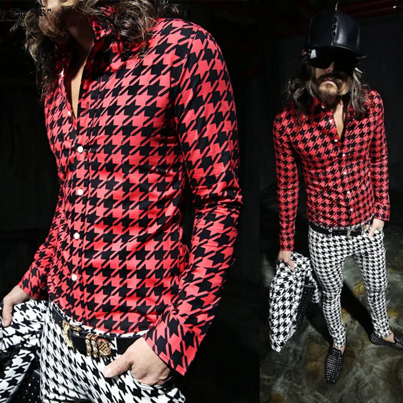 Новейшая мужская приталенная рубашка ночного клуба певицы твидовая лапка