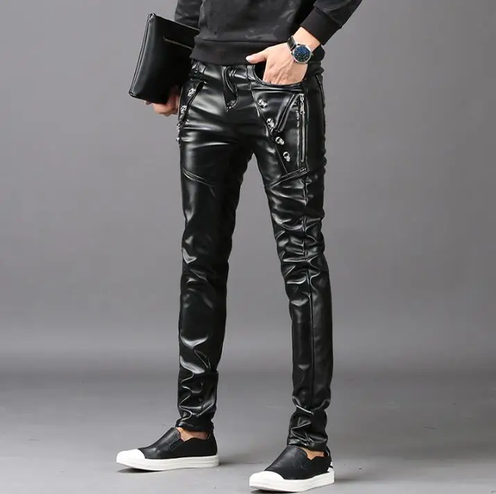 Black personality fashion motorcycle faux leather pants mens feet pants velvet thickening pu trousers for men autumn winter