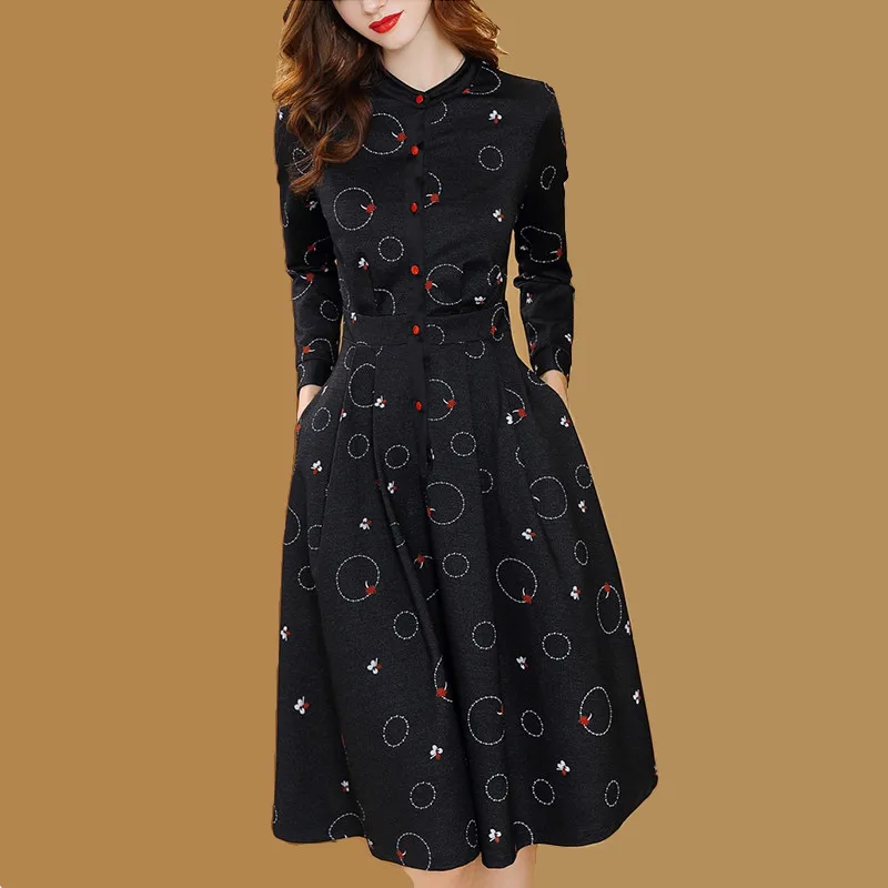 

vintage dresses women print floral Long sleeve Standing collar mid calf button single-breasted elegant dress 2019 aa583