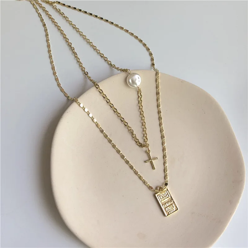 Aikasiya Fashion Double-layer Gold Necklace for Women Cross Portrait Pendant Natural Pearl Female Jewelry | Украшения и