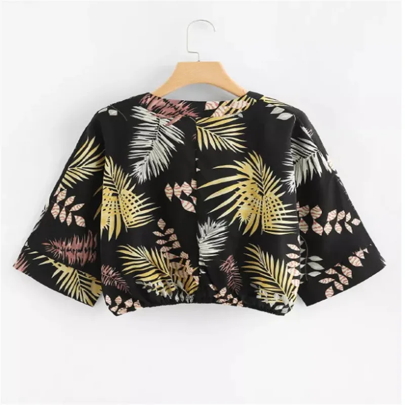Printed shirt 2019 printed short-sleeved cardigan chiffon loose waist-down women's |
