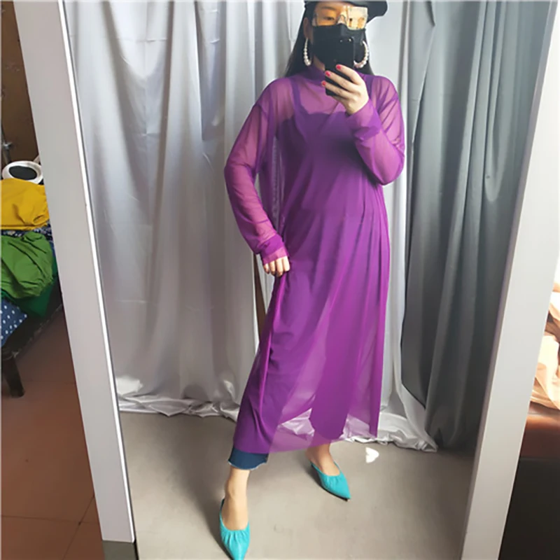 [EAM] New Autumn Winter High Collar Long Sleeve Black Mesh Perspective Colorful Long Big Size Dress Women Fashion JU790