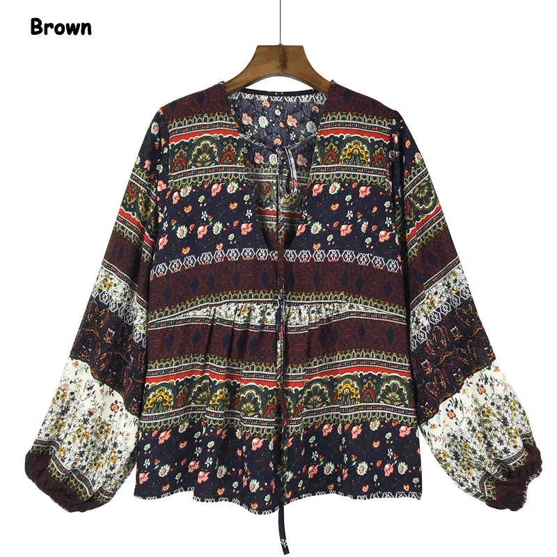 CS0812-Brown Женский летний топ в богемном стиле, винтажный цветочный принт, рукав-фонарик, повседневные топы, блузка, рубашка размера плюс - Цвет: CS0812-Brown