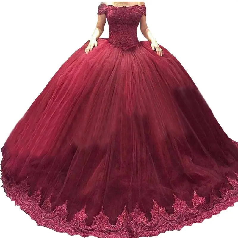 2017 Новое Прибытие Бальное платье Бургундия Вечерние Платья Женщины С Плеча Тюль