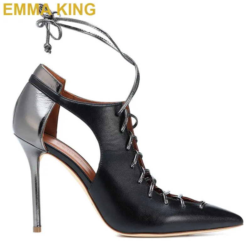 Murah Sepatu Bot Tumit Tinggi Wanita Ujung Lancip Berongga Musim Panas 2019 Sepatu Bot Pendek Wanita Bertali Silang Seksi Pump Kulit Hitam Sepatu Wanita
