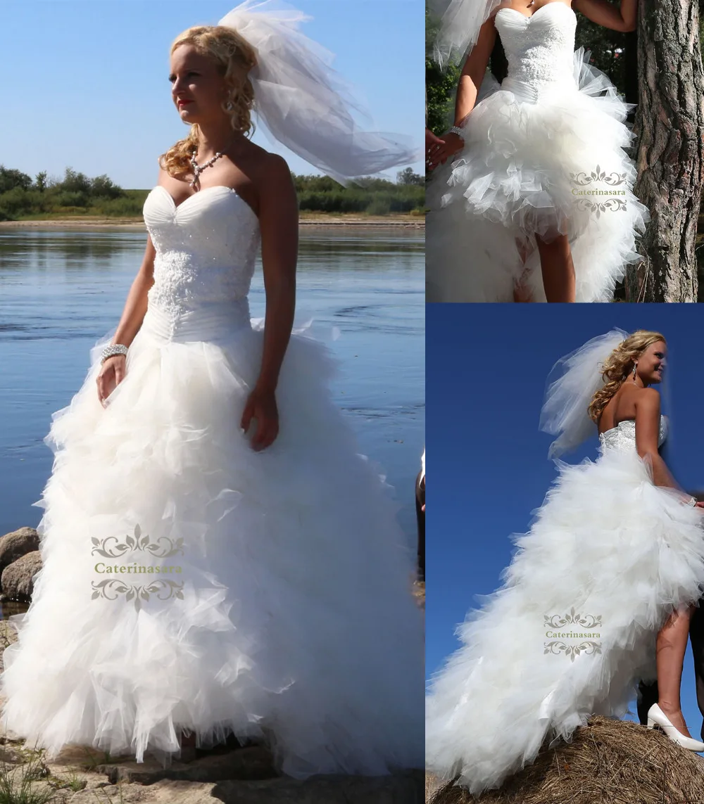 

Charming 2019 High Low Wedding Dress Fit and Flare Women Girl Bride Gown Bridal Party Beaded Pleated Ball Gowns for Beach Wear