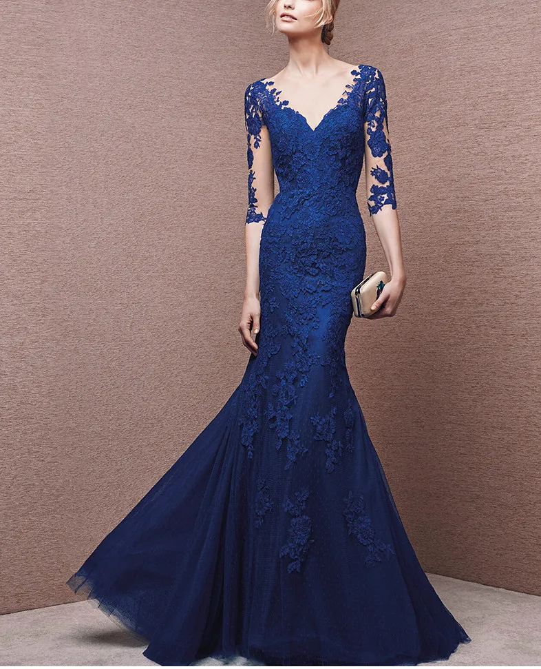

Blue Mother Of The Bride Dresses Mermaid Half Sleeves Tulle Appliques Long Wedding Party Dresses Mother Dresses For Wedding