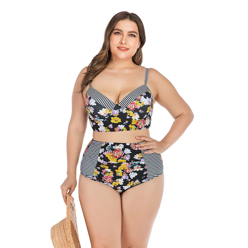 

Sexy Big Breast Retro Swimsuit Women Bikinis Plus Size High Waist Push Up Flower Stripe Print Bathing suit Swimwear Biquini 4XL